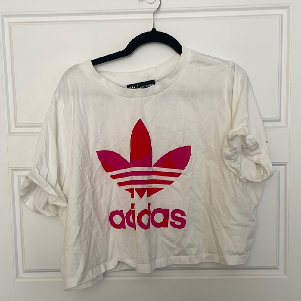 Adidas White and Pink Logo T-Shirt
